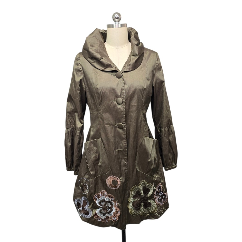 Max Mara Made in Italy Olive Green Embroidered Floral Taffeta Coat Size Medium